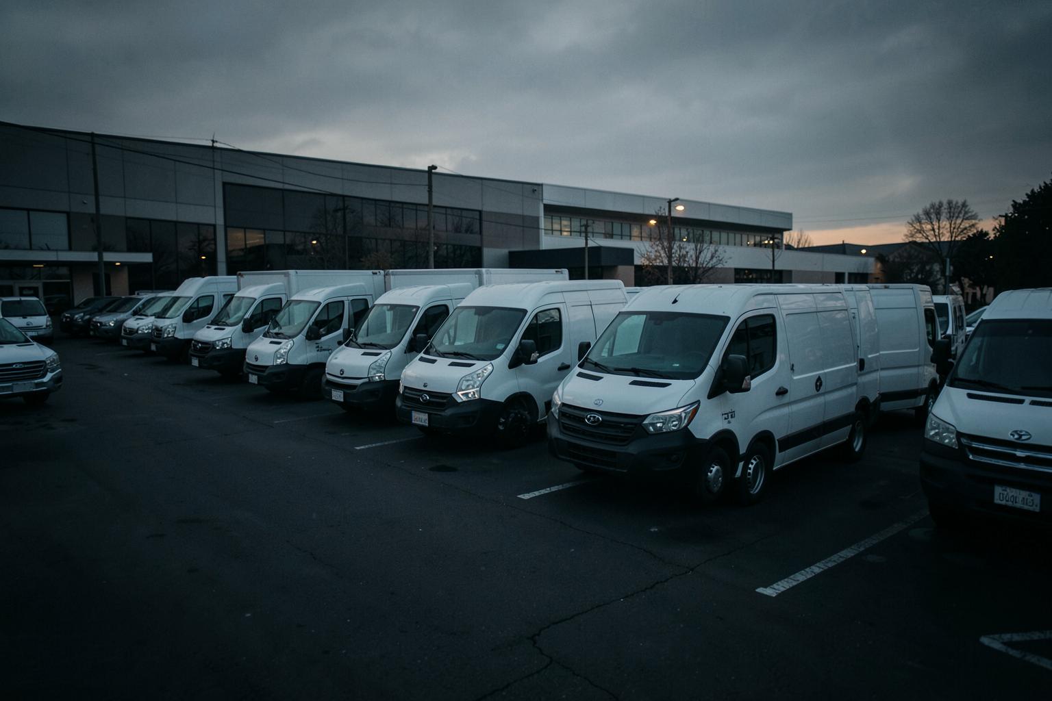 Row of clean white commercial work vans at a business lot