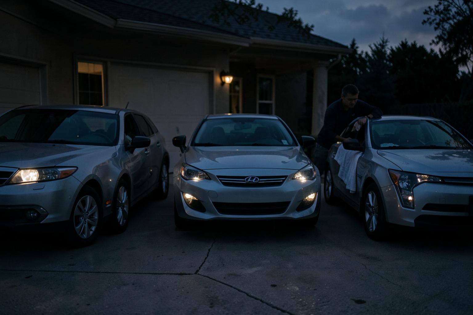 Detailer maintaining a lineup of clean cars in a driveway